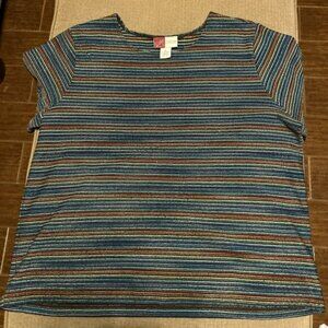 JM Jennifer Moore Shirt Womens Plus 1X Short Sleeve Striped Knit Blues & Reds